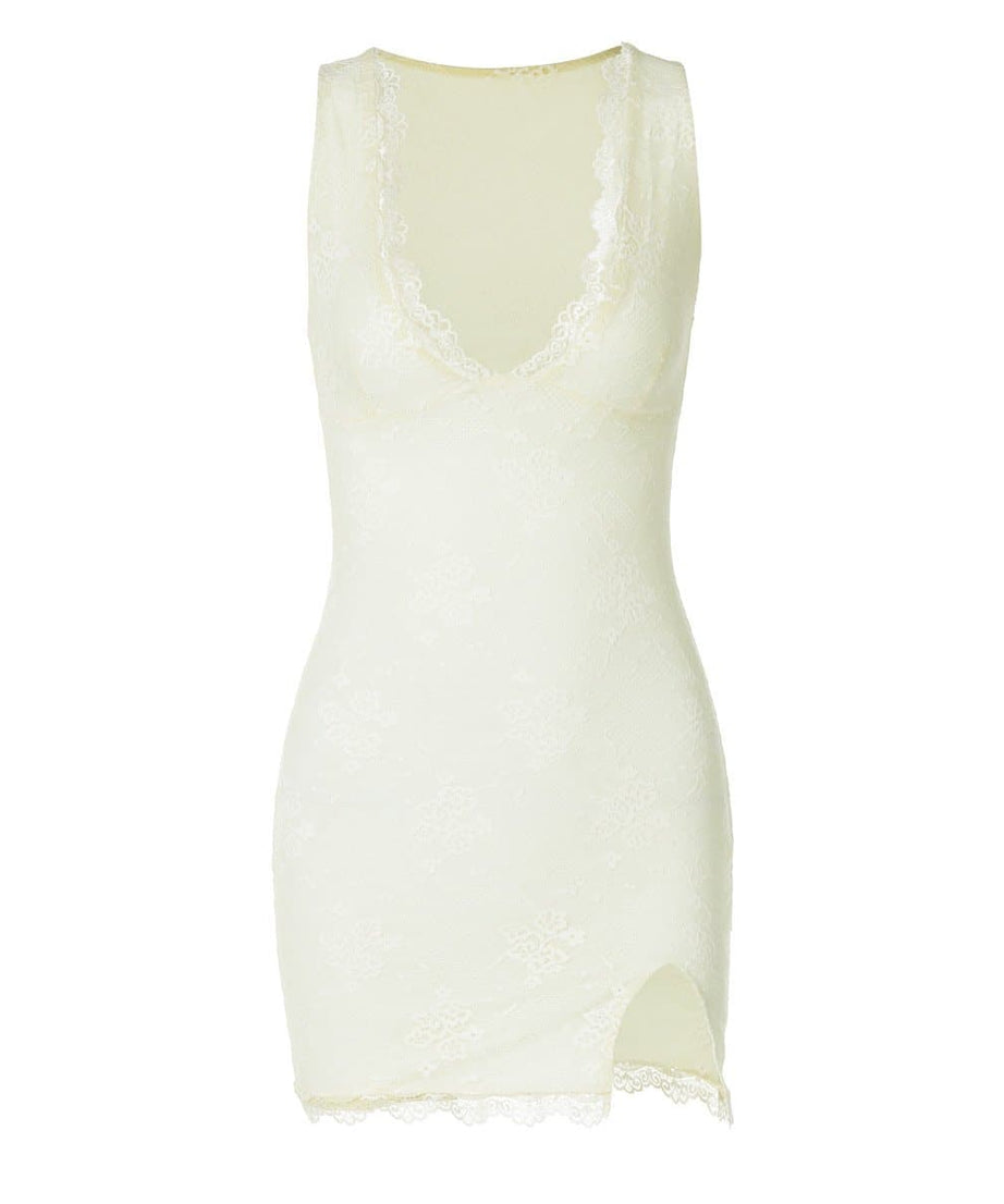 Alluring Ivory Lace V-Neck Mini Dress with Slit | Perfect for Fall Parties & Date Nights