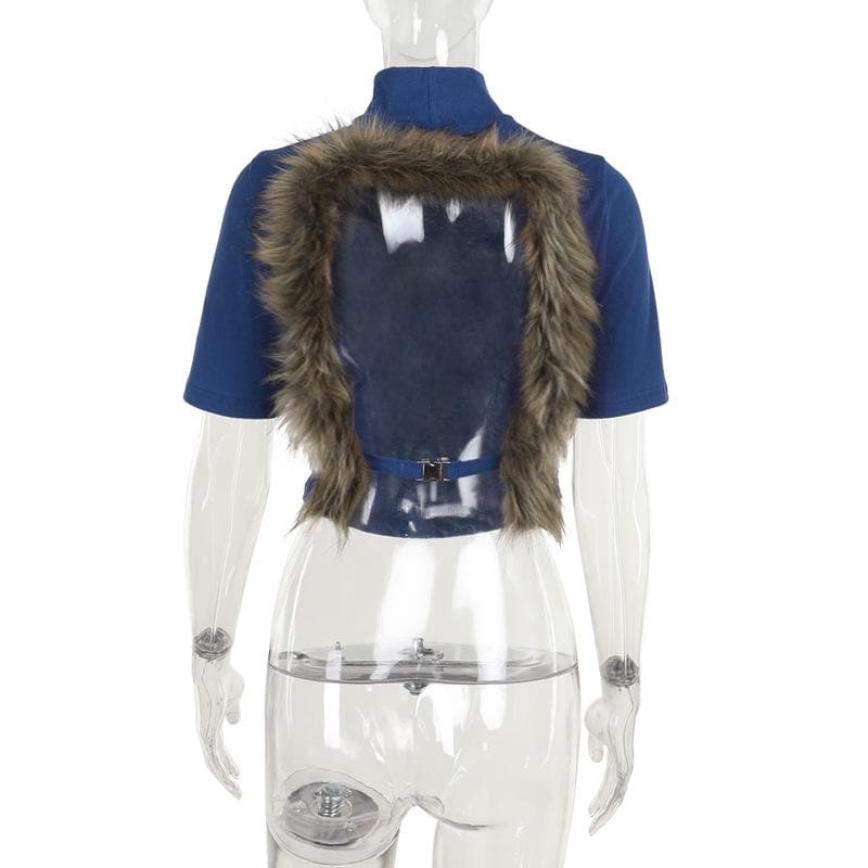 Effortless Fall Style: Chic Navy Blue Mock Neck Short Sleeve Crop Top for Women