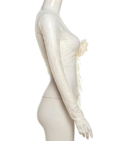 Romantic Coquette Lace Long Sleeve Crop Top with 3D Floral Appliqué