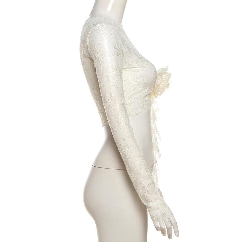 Romantic Coquette Lace Long Sleeve Crop Top with 3D Floral Appliqué