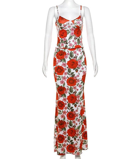 Romantic Red Rose Floral Cami & Maxi Skirt Set - Fall Chic Two-Piece Outfit for Women