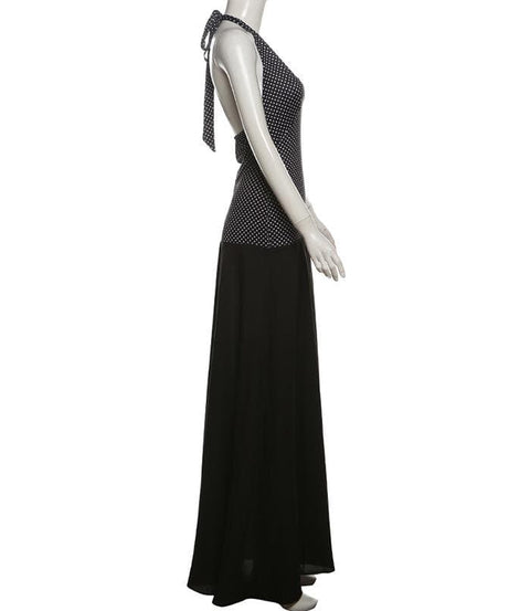 Elegant Polka Dot Halter V-Neck Maxi Dress - Fall Gala & Holiday Party Essential
