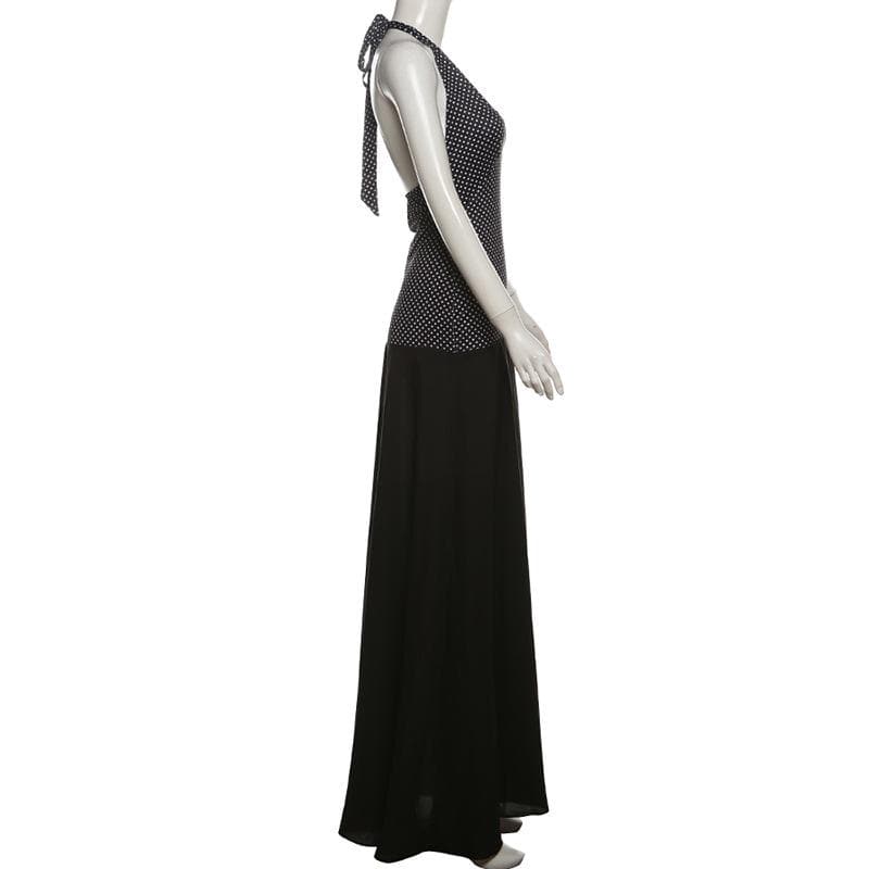 Elegant Polka Dot Halter V-Neck Maxi Dress - Fall Gala & Holiday Party Essential
