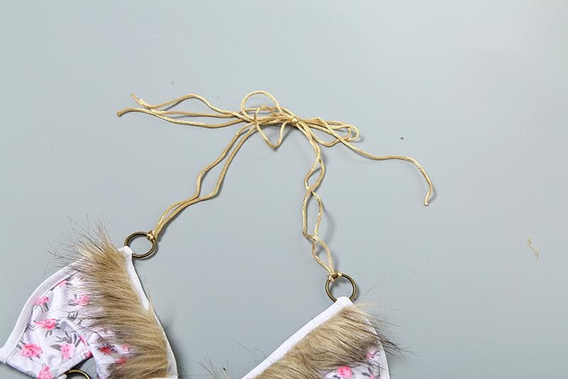 Wild Bloom Fluffy Halter Bikini & Lingerie Set - O-Ring Floral, Festival & Halloween Ready