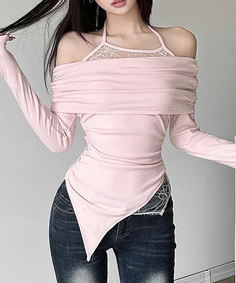Fall Chic: Ruched Off-Shoulder Halter Top - Asymmetric Lace Detail Long Sleeve