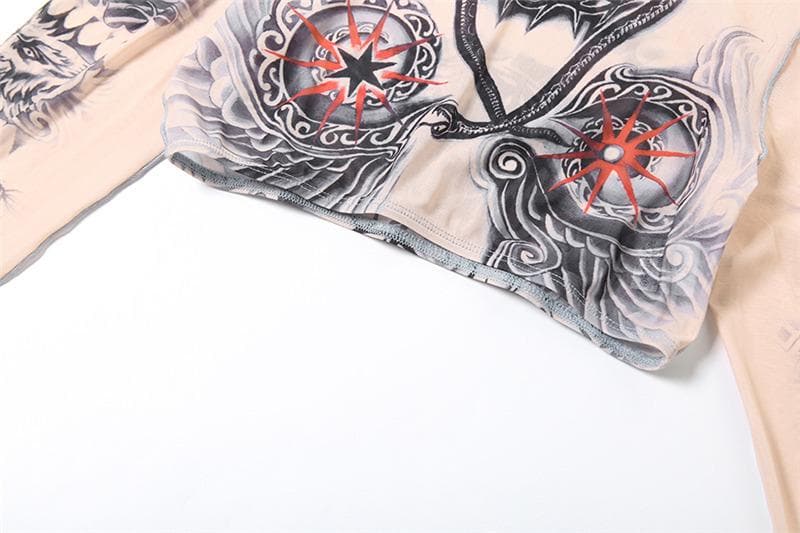 Second Skin Faux Tattoo Mesh Set | Crop Top & Flare Pants | Edgy Fall & Halloween Style