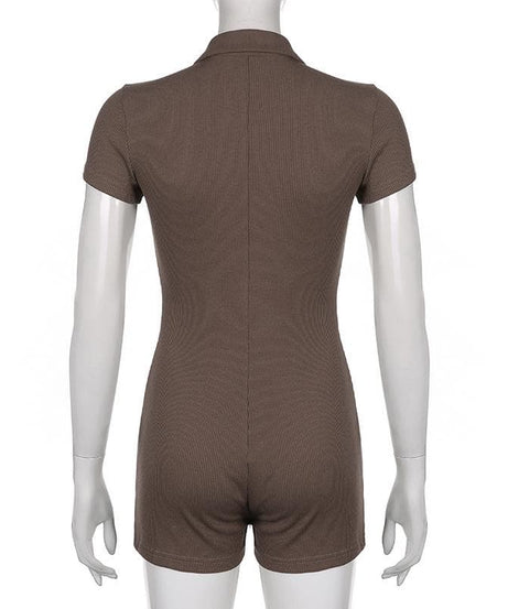 Chic Fall Essential: Women's Ribbed Polo Button Romper - Cozy Espresso Brown One-Piece