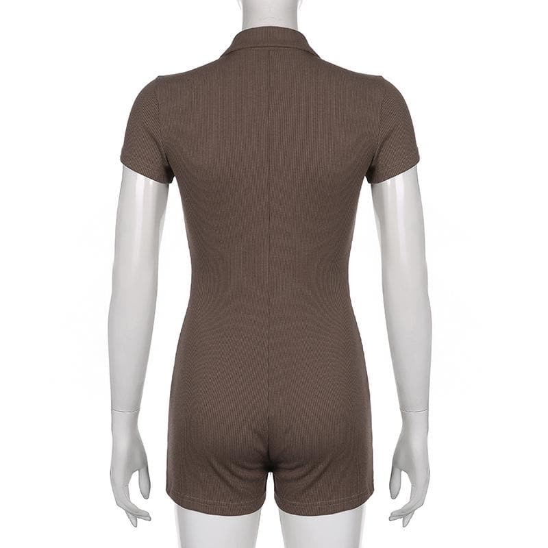 Chic Fall Essential: Women's Ribbed Polo Button Romper - Cozy Espresso Brown One-Piece