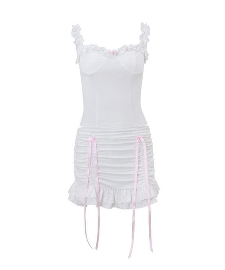Flirty Coquette White Ruffle Cami & Pink Ribbon Ruched Mini Skirt Set