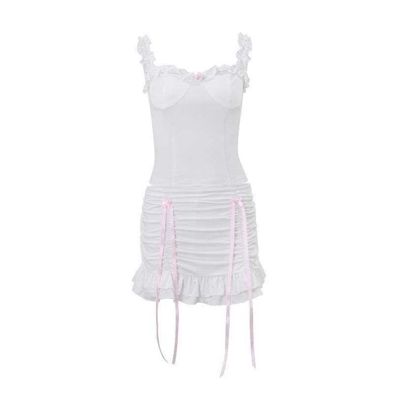 Flirty Coquette White Ruffle Cami & Pink Ribbon Ruched Mini Skirt Set