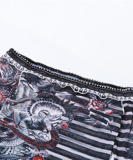 Y2K Edgy Dragon Tattoo Sheer Mesh Two-Piece Set - Off-Shoulder Top & Pants for Fall/Halloween