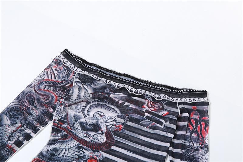 Y2K Edgy Dragon Tattoo Sheer Mesh Two-Piece Set - Off-Shoulder Top & Pants for Fall/Halloween
