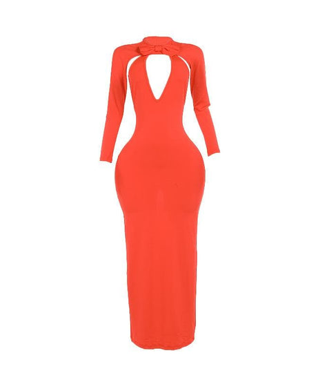 Crimson Elegance: Tie-Neck Cutout Long Sleeve Bodycon Maxi Dress