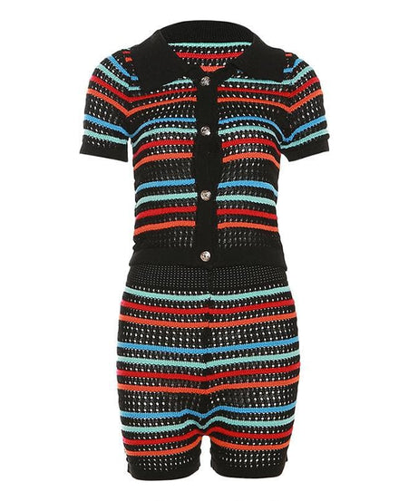 Coastal Chic Striped Crochet Knit Two-Piece Short Set – Your Go-To for Fall Getaways & Sunny Escapes