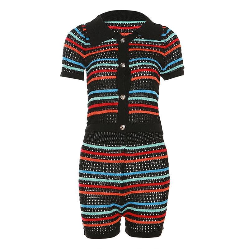 Coastal Chic Striped Crochet Knit Two-Piece Short Set – Your Go-To for Fall Getaways & Sunny Escapes