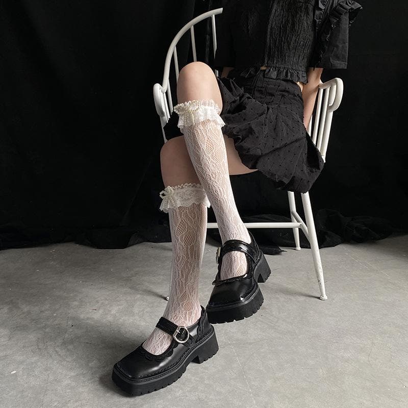 Enchanting Sheer Lace Bow Knee High Socks | Gothic Glam & Dark Academia Fall Fashion