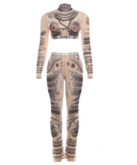 Second Skin Faux Tattoo Mesh Set | Crop Top & Flare Pants | Edgy Fall & Halloween Style