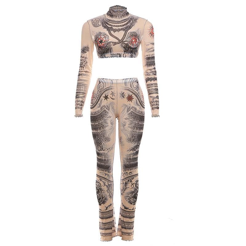 Second Skin Faux Tattoo Mesh Set | Crop Top & Flare Pants | Edgy Fall & Halloween Style