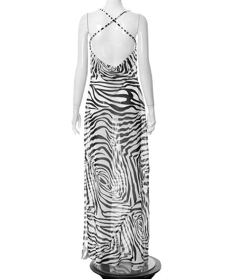 Head-Turning Zebra Print Cowl Neck Halter Maxi Dress - Chic Open Back for Fall Vacations