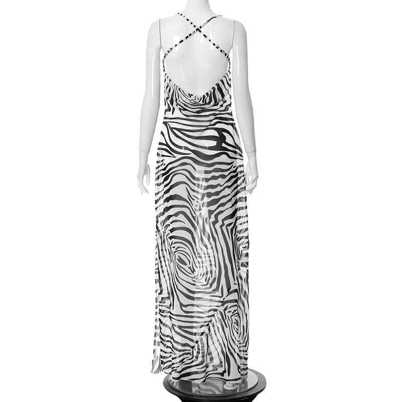 Head-Turning Zebra Print Cowl Neck Halter Maxi Dress - Chic Open Back for Fall Vacations