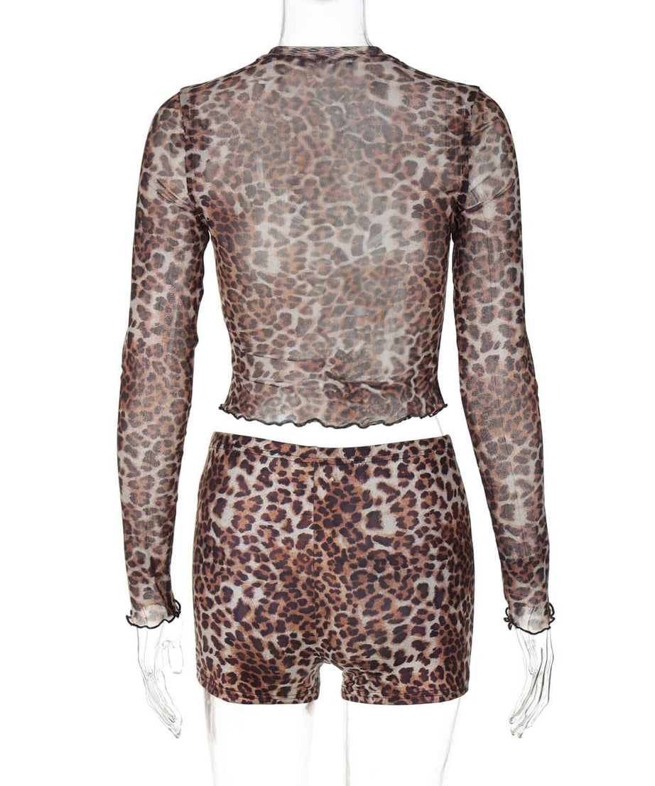 Fierce Leopard Print Sheer Mesh Co-ord Set - Trendy Fall Top & Shorts