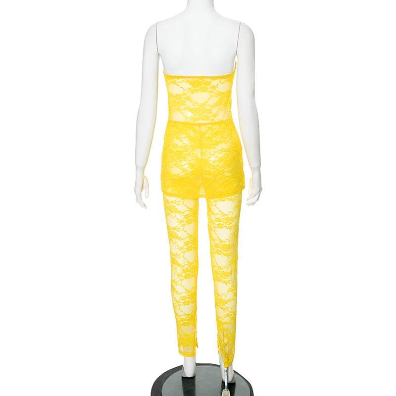 Vibrant Yellow Lace Cut-Out Tube Top & Leggings Set – Your Ultimate Halloween & Party Statement