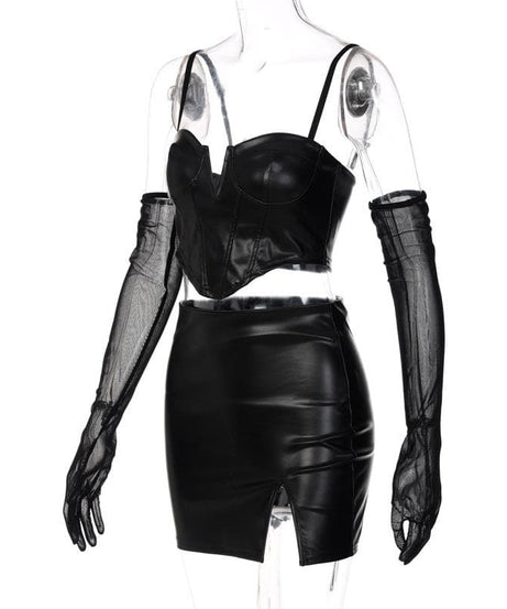 Slay the Night: Faux Leather Corset & Slit Mini Skirt Set with Sheer Mesh Gloves – Halloween & Fall Party Ready