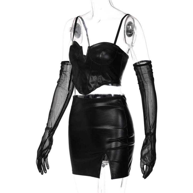 Slay the Night: Faux Leather Corset & Slit Mini Skirt Set with Sheer Mesh Gloves – Halloween & Fall Party Ready
