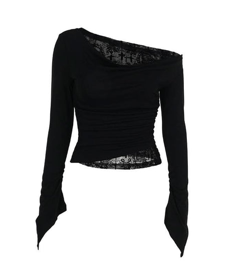 Fall Nights Edgy Chic: Black Lace & Mesh Off-Shoulder Long Sleeve Top for Women