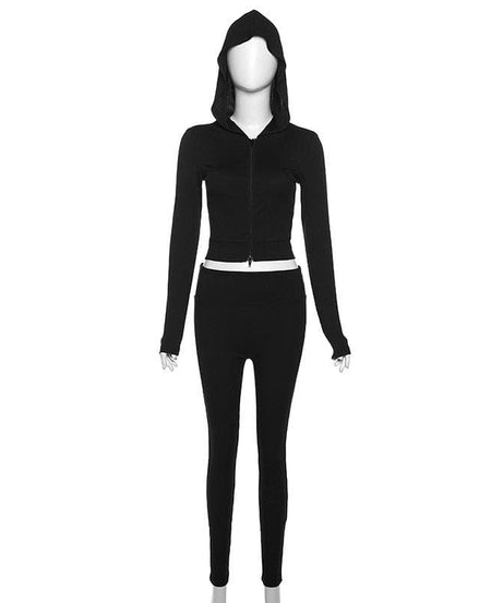 Cozy Fall Athleisure: Women's Black Full-Zip Crop Hoodie & Legging Set