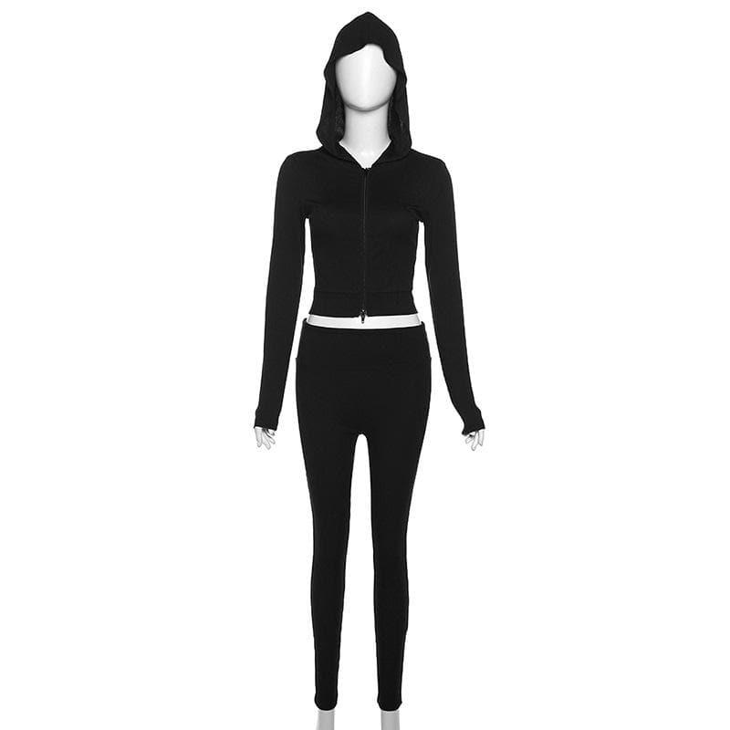 Cozy Fall Athleisure: Women's Black Full-Zip Crop Hoodie & Legging Set