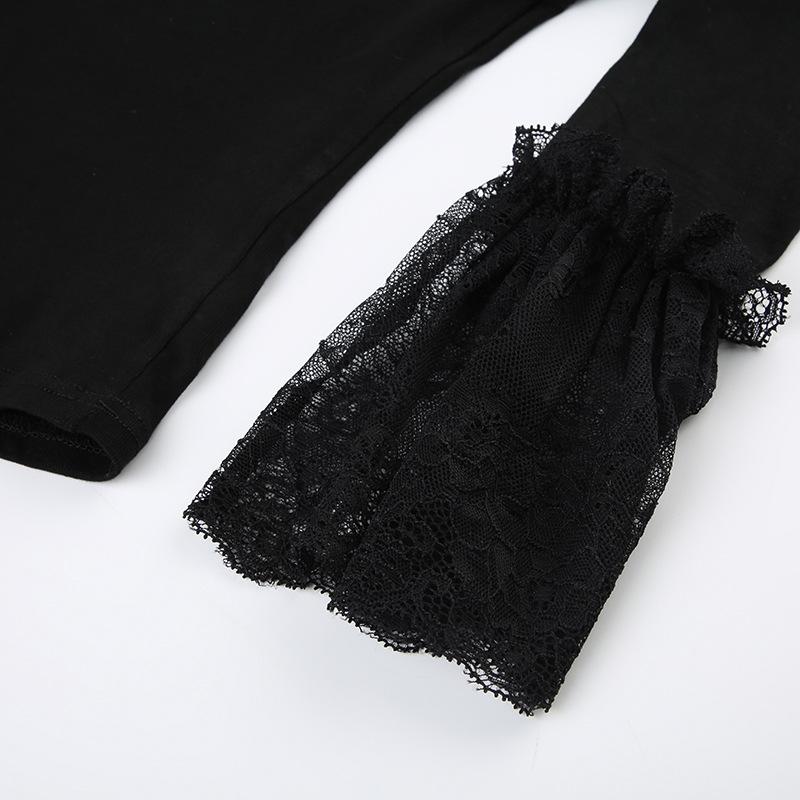 Chic Black Lace Off-Shoulder Crop Top | Bell Sleeves for Fall & Halloween