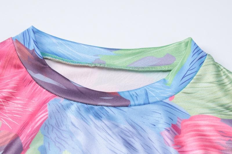 Show-Stopping Feather-Cuff Mini Dress | Vibrant Abstract Print Bodycon for Fall Parties & Holiday Fun