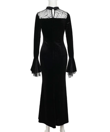 Haute Halloween: Black Velvet Spiderweb Maxi Dress - Elegant Gothic Glamour