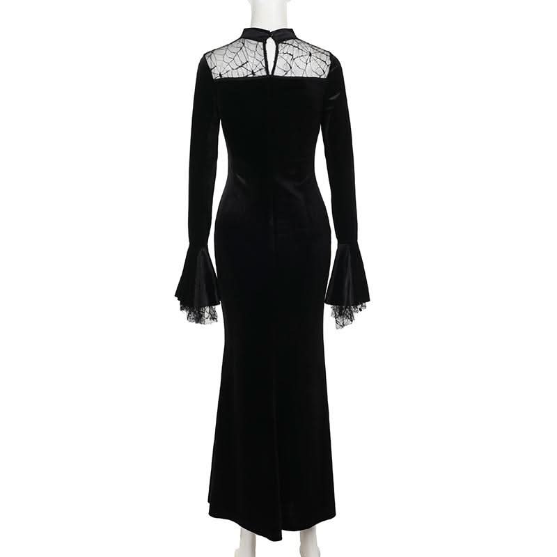 Haute Halloween: Black Velvet Spiderweb Maxi Dress - Elegant Gothic Glamour