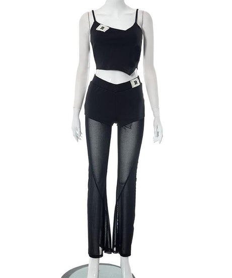Spooky Season Stunner: 'B' Detail Mesh Flare Cami & Pant Set - Edgy Night Out Look