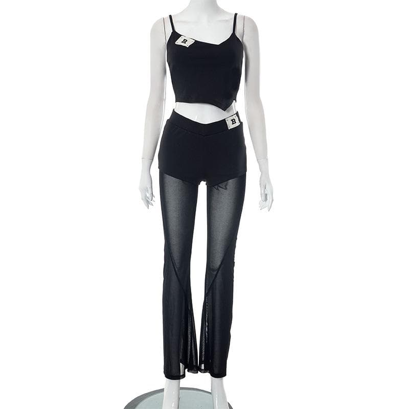 Spooky Season Stunner: 'B' Detail Mesh Flare Cami & Pant Set - Edgy Night Out Look