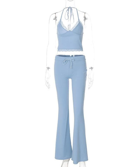 Y2K Dreamy Baby Blue Lace Halter Crop & Flare Pant Set | Cozy Chic Loungewear