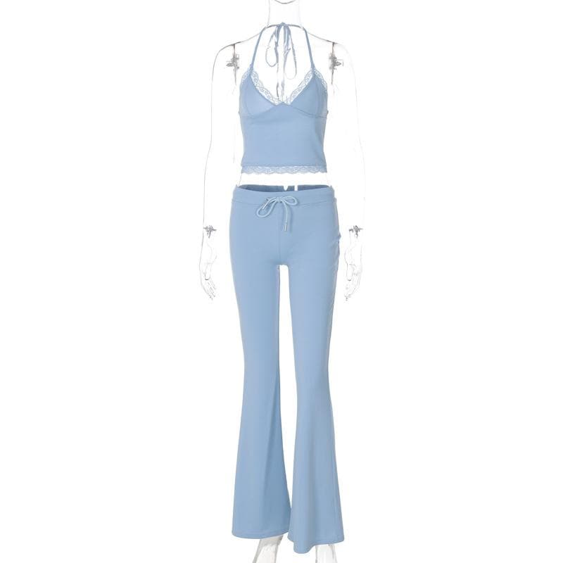 Y2K Dreamy Baby Blue Lace Halter Crop & Flare Pant Set | Cozy Chic Loungewear