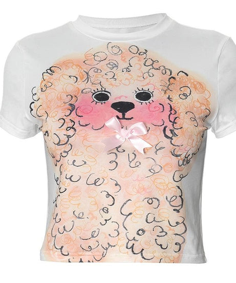 Y2K Adorable Poodle Crop Top with Pink Bow Detail – Cozy & Trendy Fall Fashion Tee