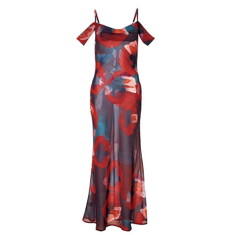 The 'Obsidian Poppy' Sheer Maxi Dress - Off-Shoulder Glamour for Fall & Holiday Events