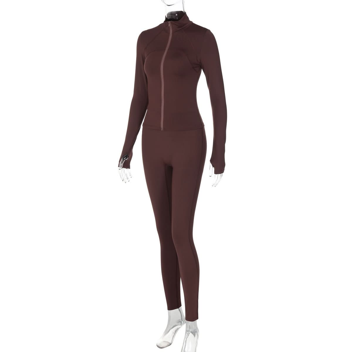 Cozy Fall Chic: Women's Brown Full-Zip Athleisure Set with Thumbholes