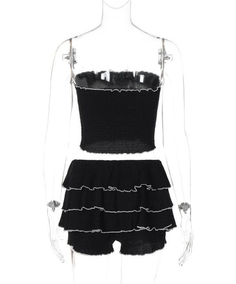 Coquette Chic Black Ruffle Mini Set - Bowknot Tube Top & Tiered Shorts for Fall Parties