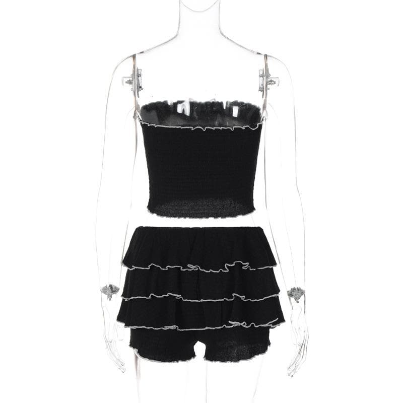Coquette Chic Black Ruffle Mini Set - Bowknot Tube Top & Tiered Shorts for Fall Parties