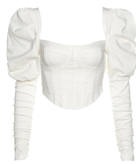 Autumn Elegance: White Sweetheart Corset Top | Statement Puff & Ruched Sleeves