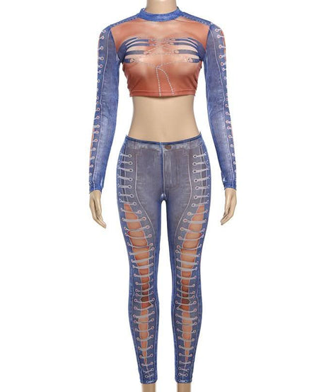 Slay the Season: Edgy Denim Illusion Ribcage Crop Top & Lace-Up Cutout Leggings Set – Fall Night Out & Halloween Ready