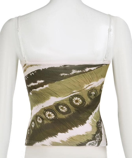 Autumn Meadow Chic: Olive Green Abstract Print Cami with Dainty Rose Appliqué