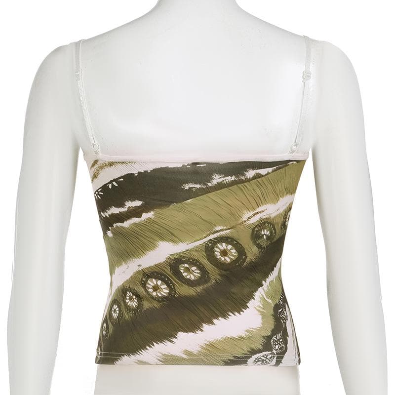 Autumn Meadow Chic: Olive Green Abstract Print Cami with Dainty Rose Appliqué
