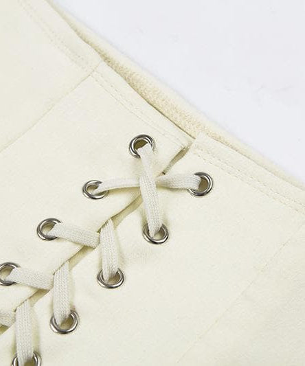 Fall's Edge: Cream Lace-Up Corset Mini Skirt with Garter Straps | High Waist Edgy Chic