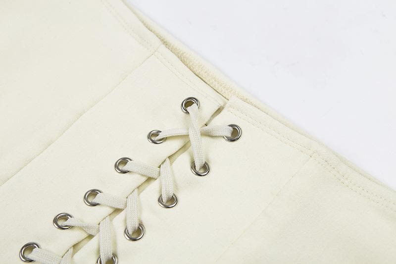 Fall's Edge: Cream Lace-Up Corset Mini Skirt with Garter Straps | High Waist Edgy Chic